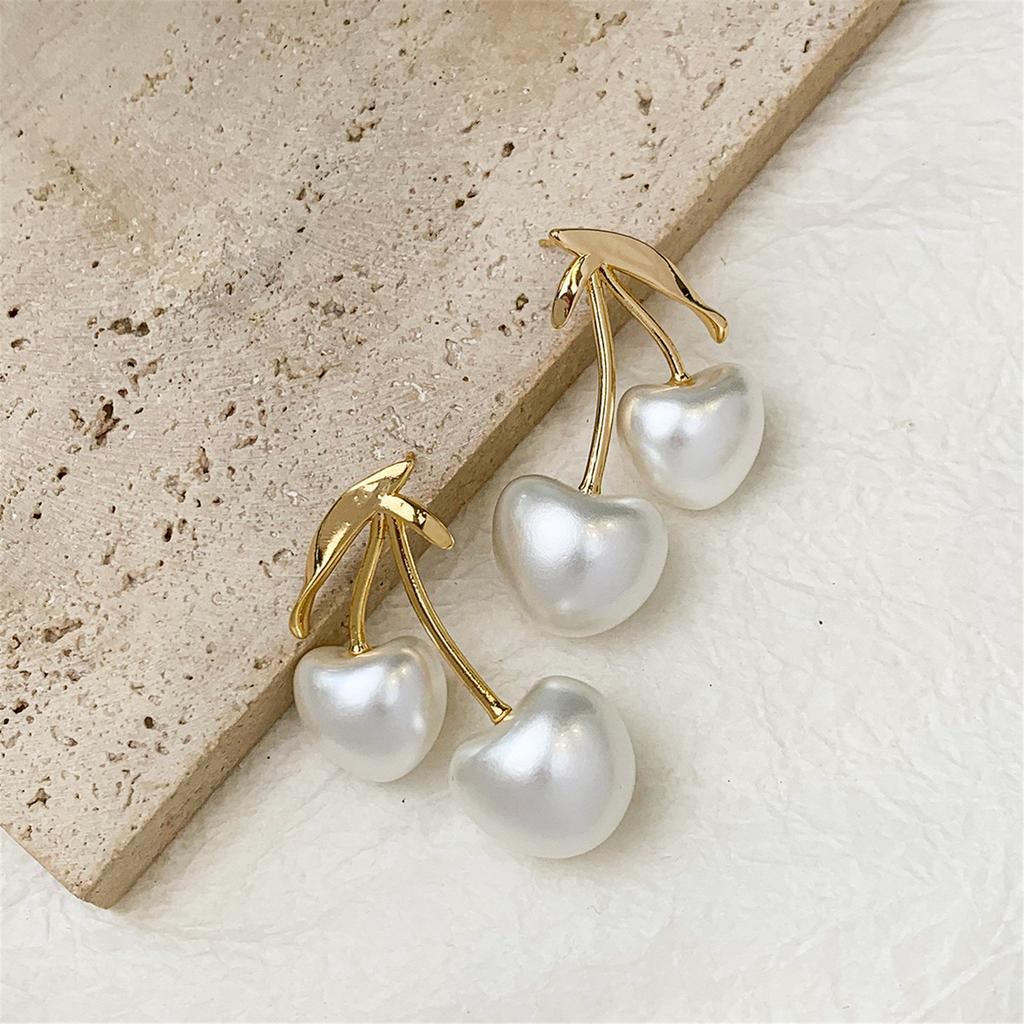 French Style Cherry Pearl Earrings Unique Cream Cherry Pearl Earrings For Sensitive Skin Daily Wear Special Occasions