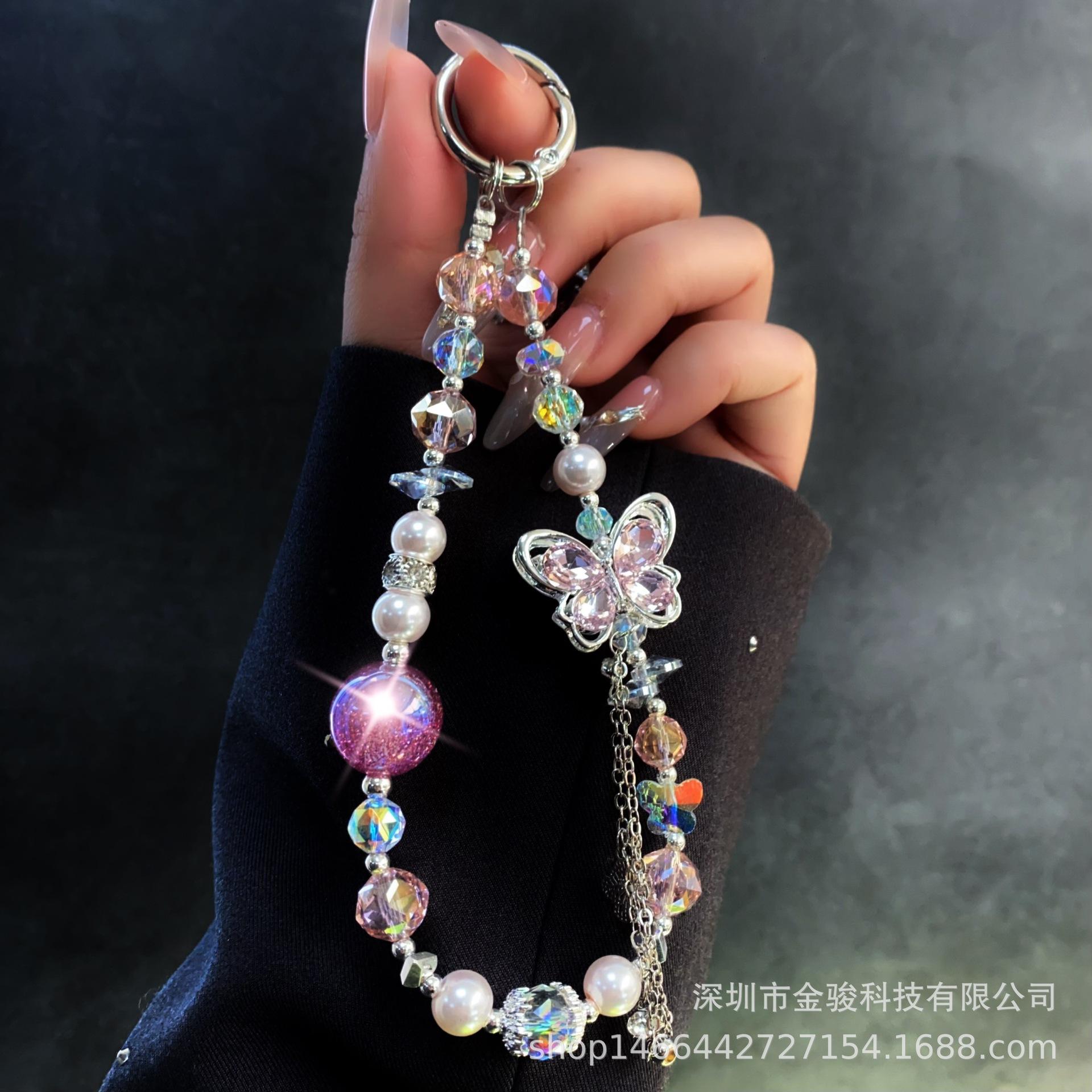 Phone Lanyard Wrist Strap High-End Feel Phone Chain Ins Butterfly Tassel Beaded CCD Bag High-End Key Chain Pink【Butterfly Tassel S