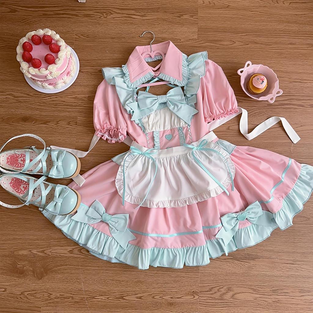 XHSUKADO 3-Piece Maid Outfit Set, Lolita Dress with Ribbon, Lace-Up, Dreamy, Cute Gothic Lolita Dress, Ruffles, Mori Girl, Princess Style, Idol Costum