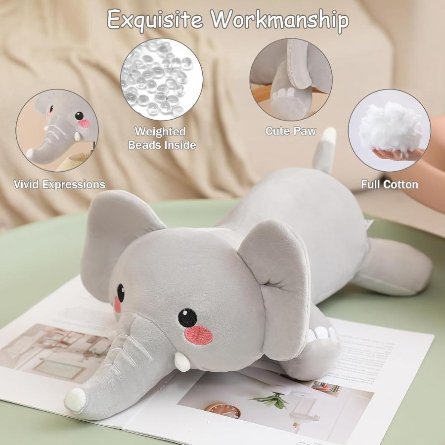 Weighted Elephant Plush Stuffed Animal 13.8 Inch Gentle Pillow Toy Designed for Adults 1.6 Lbs Adorable Grey Plushie Present Calming Stress Relie
