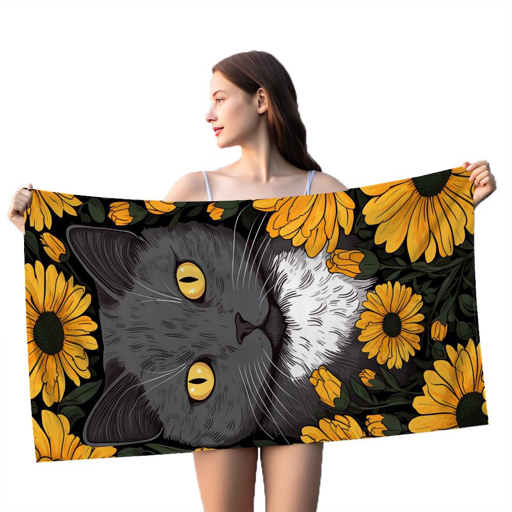 Cat Print Pattern Digital-printed Polyester Superfine Fiber Double-sided Fleece Beach Vacation Bath Towel, Beach Towel