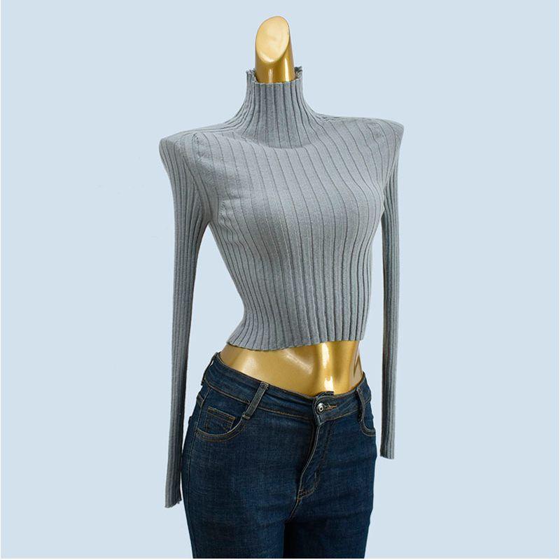Fall and Winter Six Wool Short Crop Top Sunken Stripe Silm Soft Glutinous High Elastic Half High Collar Long Sleeves Inner Match Slimming Tops