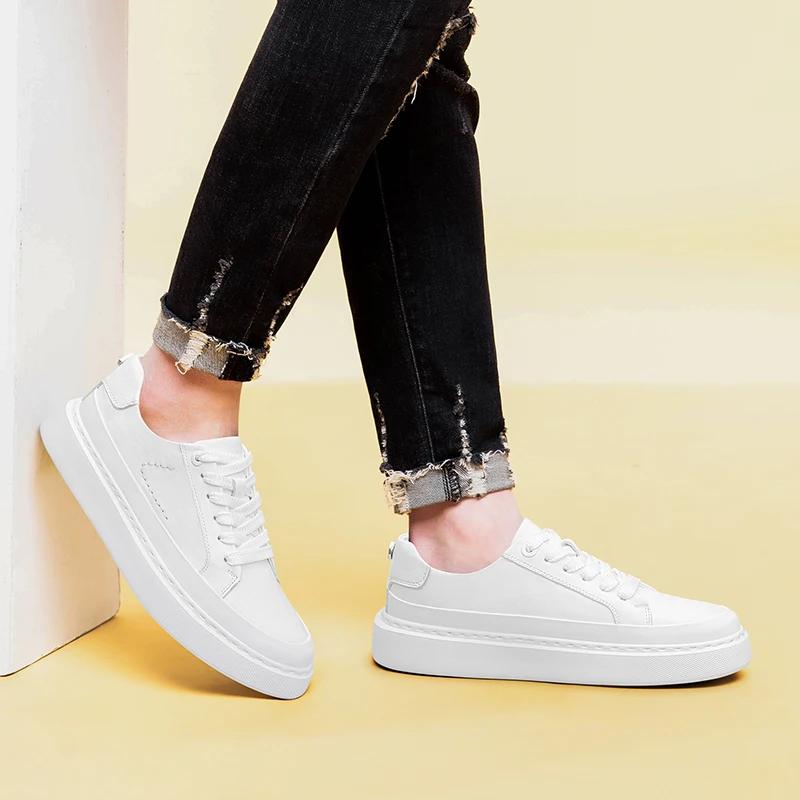 Men Genuine Leather Platform Sneakers Thick Sole Height Increase Sneakers Lightweight Breathable Anti-Slip Comfort Casual Shoes