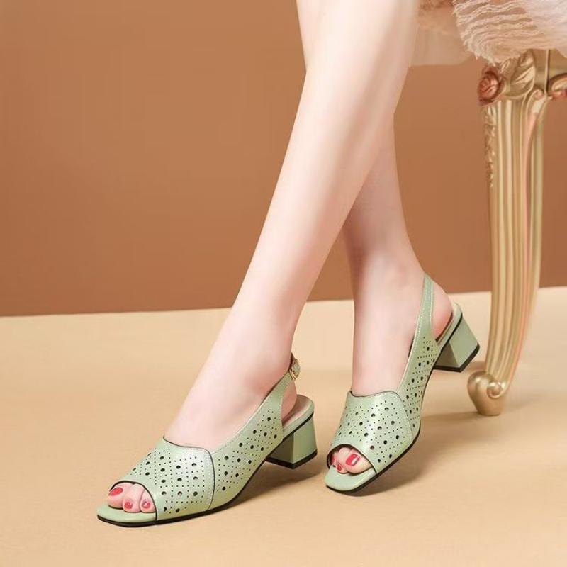 Versatile Thick Heel Fashionable Hollow Fish Mouth Sandals for Women Summer Mid Heel Buckle Sandals