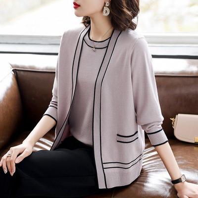 2-teiliges Set mit Strickoberteilen, Frühling und Herbst, für Damen, dünne Strickjacke, Jacke, kurzärmeliges T-Shirt, Übergröße, Strickmantel mit offener Vorderseite, Strick-T-Shirt-Outfits