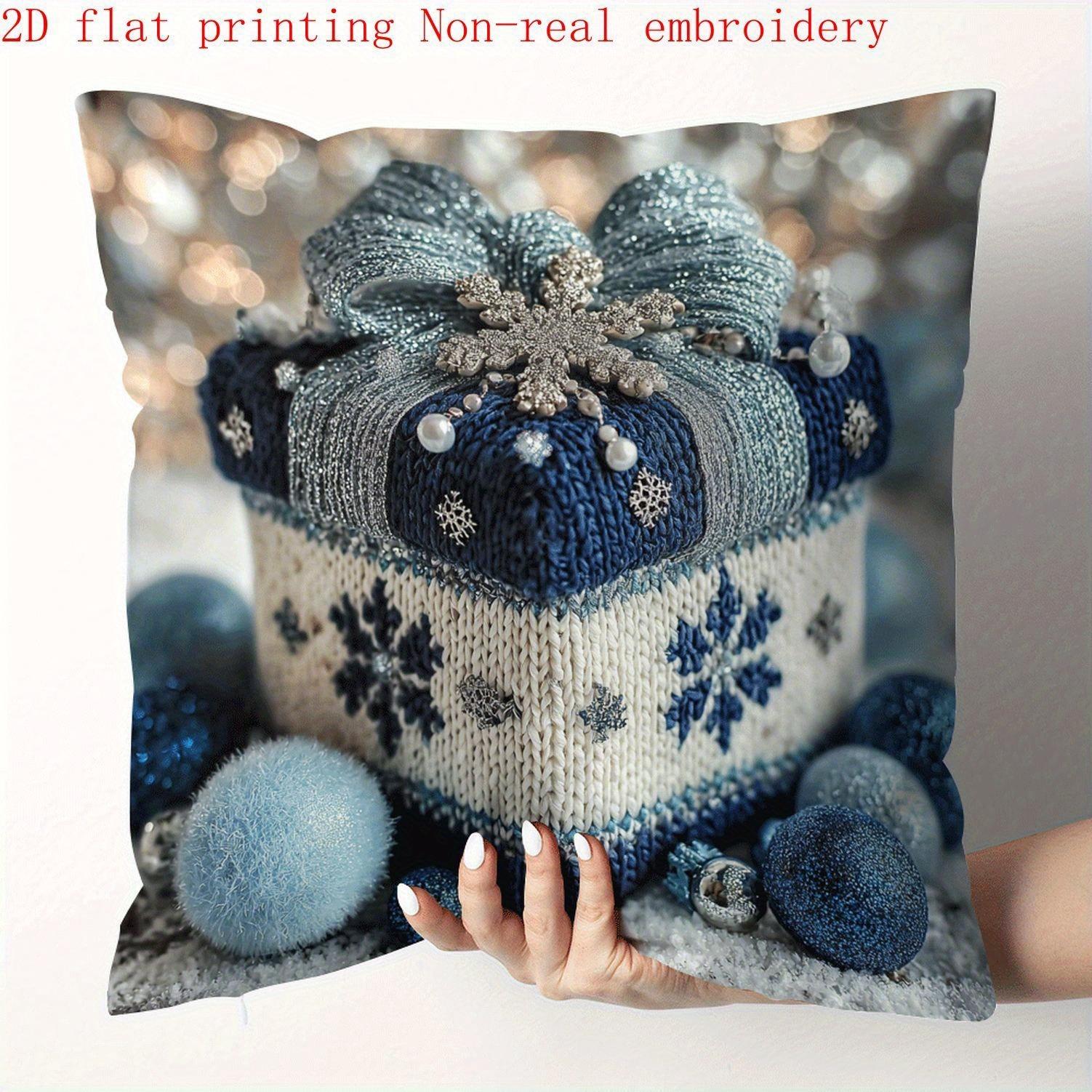 

Blue and white Christmas style!Gifts on pillowcases, trees, Christmas old snowmen, New Year home decorations 2d flat printing 16x16Inch