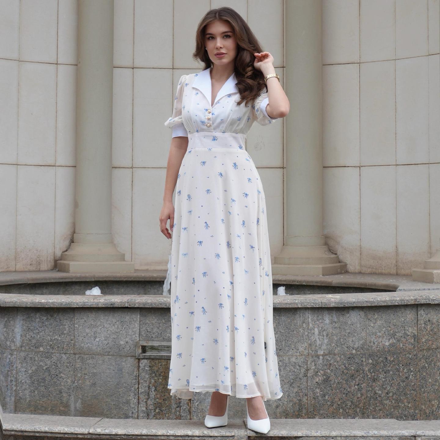 European and American women s clothing 2026 summer new French retro lapel bubble sleeves waist thin floral dress S