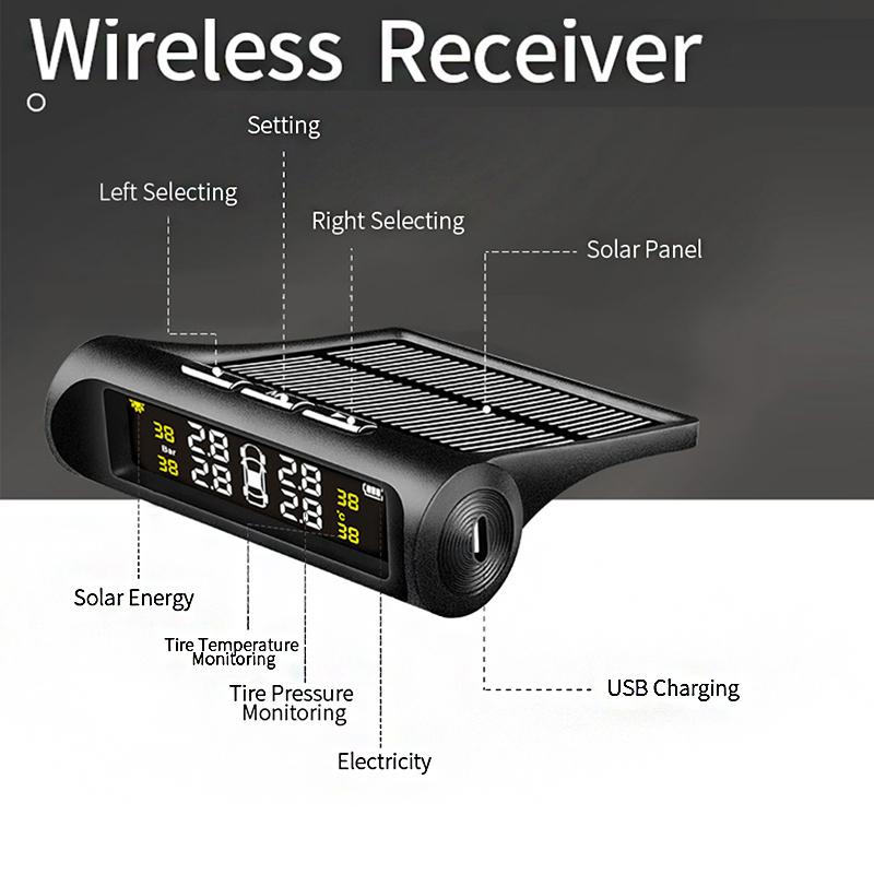 Solar USB Charging Real Time Temperature Monitor TPMS High and Low Tire Pressure Alarm Digital Tire Pressure Monitoring System