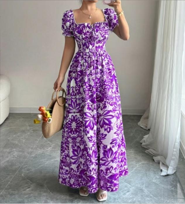 

New printed puff-sleeved square collar lace-up waist elegant dress for women 3XL фіолетовий