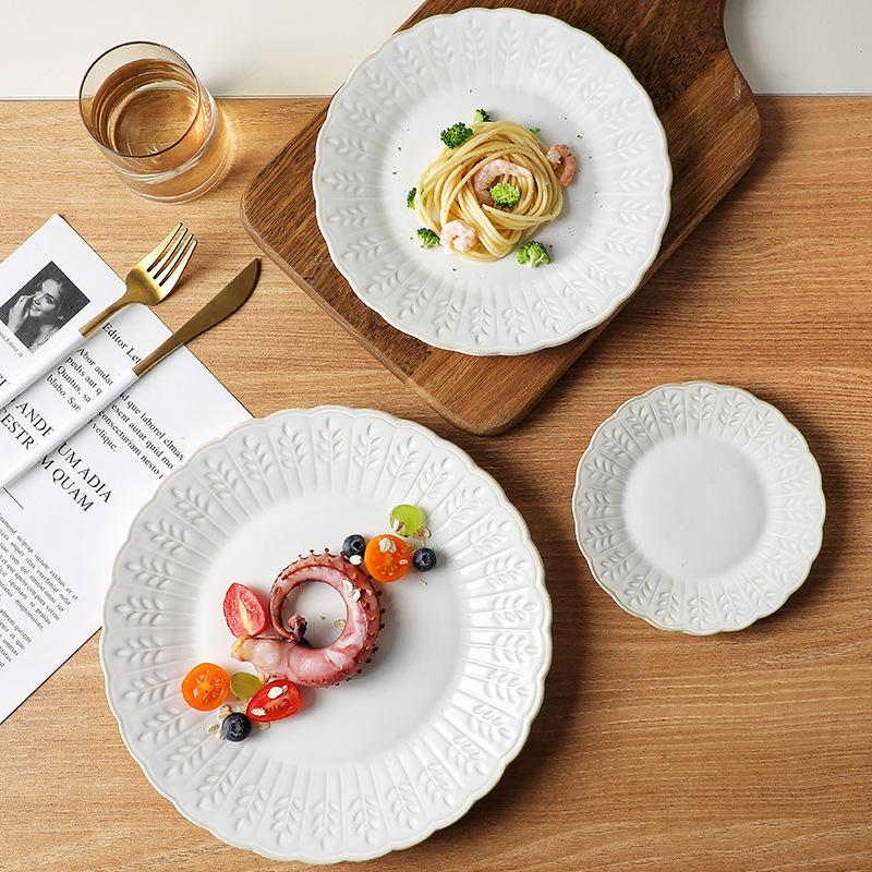 European Creative Relief Ceramic Plate Household Cake Dessert Plate Western Plate Steak Plate Vegetable Plate Breakfast Plate Fruit Plate