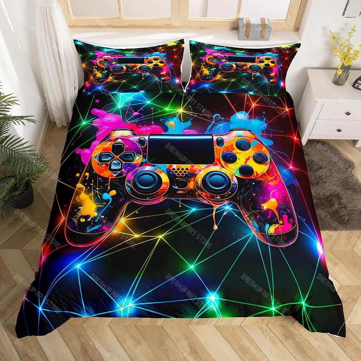 

Gamepad Duvet Cover Set Twin Size, Blue Geometric Reversible Bedding Set for Kids Boy Game, Modern Gamer Comforter Cover EU Single 90x200cm