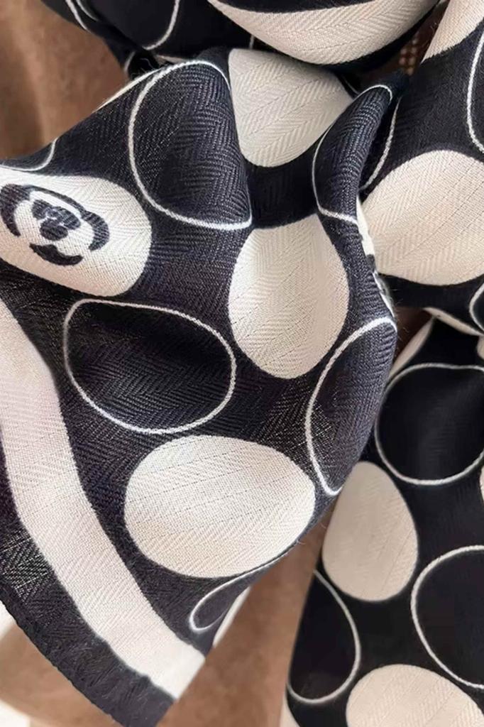 Polka Dot Scarf with Floral Pattern - 100% Viscose, 178x66 , Black and White