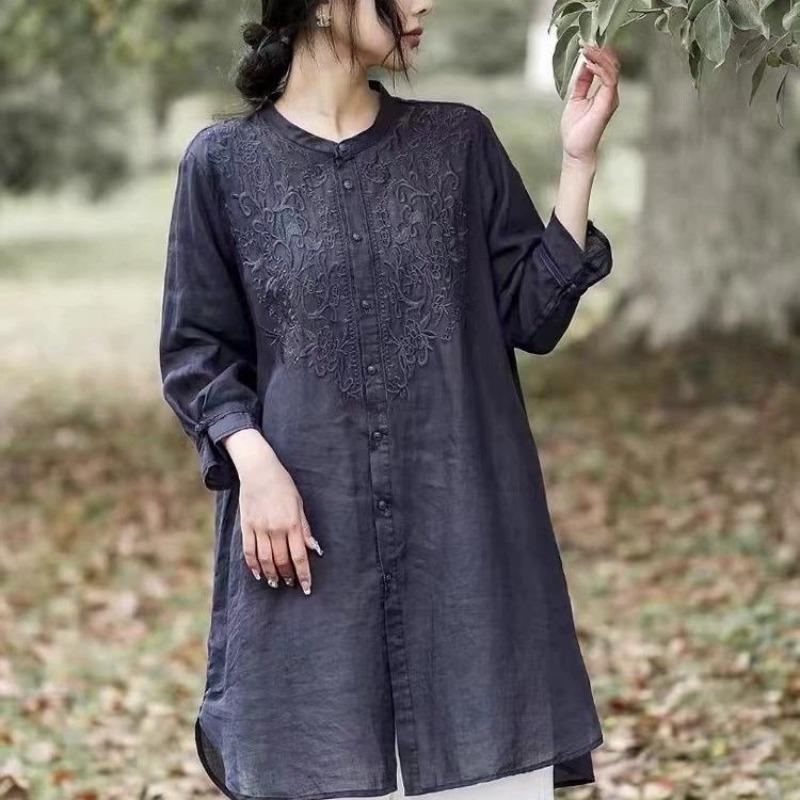 Women's Khaki Embroidery Long Sleeve Blouse Round Neck Button Front High-Low Hem Loose Casual Elegant Top