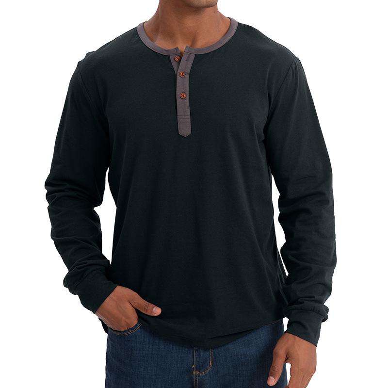 Men's Henley-style round-neck long-sleeved T-shirt Men's loose-fitting sports top