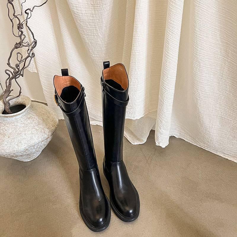 Autumn and winter platform knight boots women's medium heel round head versatile leather high boots new rubber sole large size women's boots