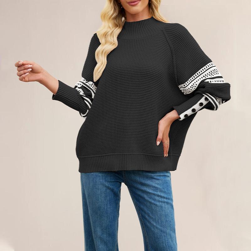 Autumn Winter Women Mock Neck Knitted Sweater Fashion Patchwork Knit Pullovers
