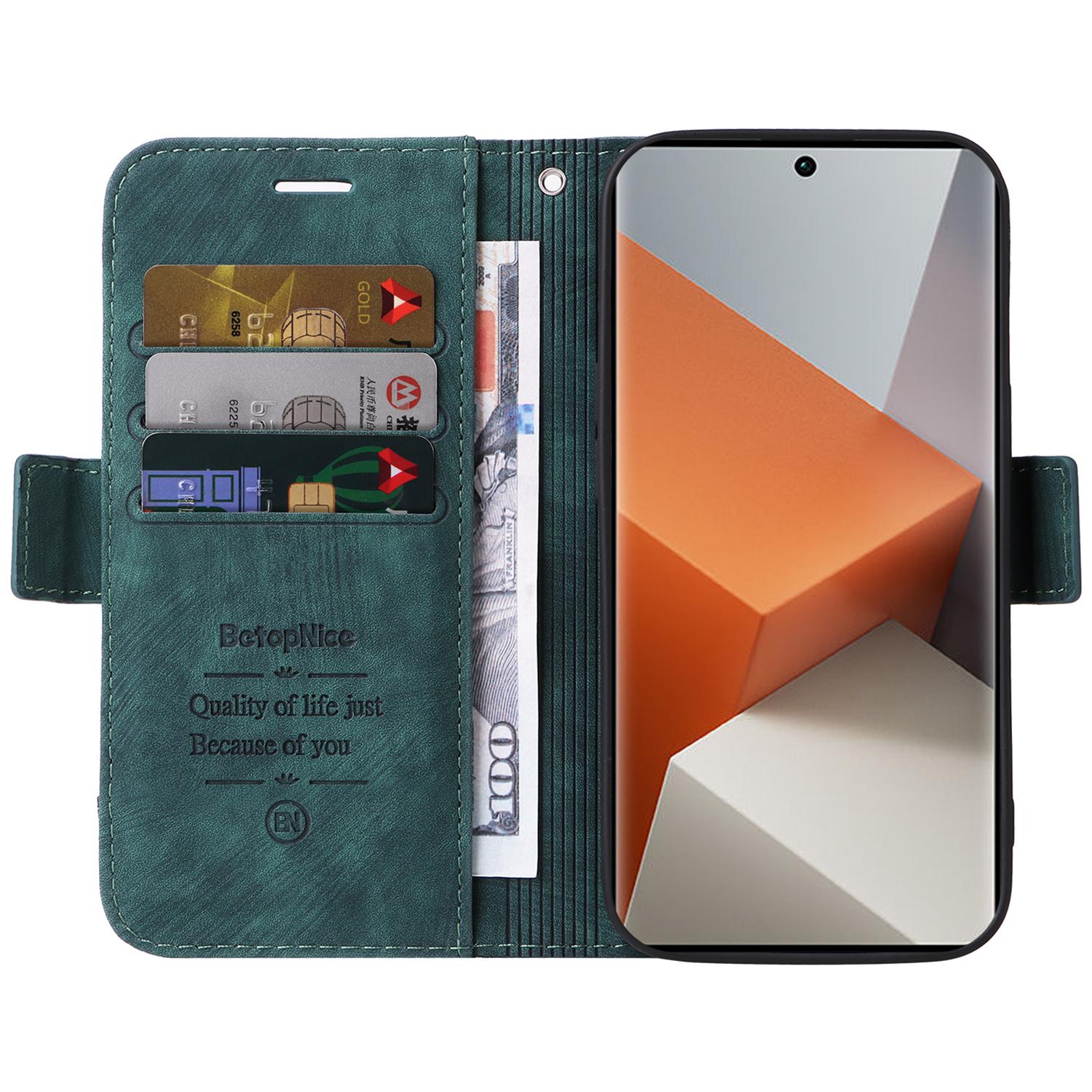 

BETOPNICE 001 for Xiaomi Redmi Note 13 Pro+ 5G Phone Case Imprinted Lines Pattern Wallet Cover Green
