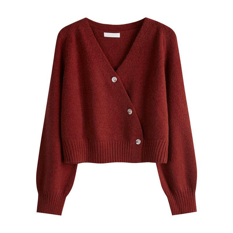 

Осень-зима кардиган на пуговицах с V-образным вырезом свитер женский вязаный длинный рукав корейский свободный однотонный кашемировый свитер женский One Size красный