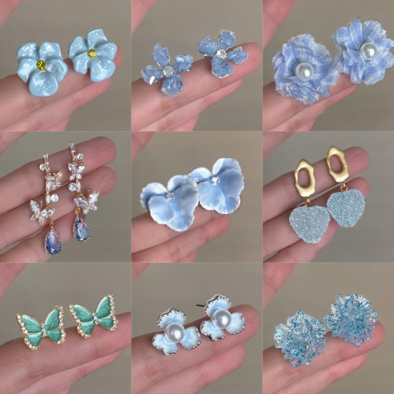 Small Fresh Milk Blue Oil Drop Earrings Fashion Sweet Flower Earrings Super Fairy Holiday Style Earrings