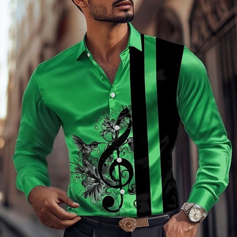 2025 Men's Striped Musical Note Dress Shirt Button Long Sleeve Fashion Casual Autumn Lapel Shirt 3D Printing Men Clothing