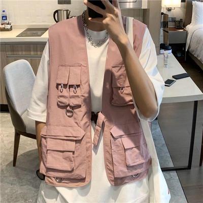 Women's Pink Summer Multi-Pocket Tactical Workwear Vest - Trendy Japanese Style, Loose Fit For Outerwear