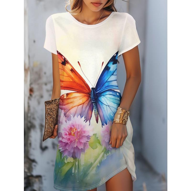 Summer Short Sleeved Dress Loose Casual Plus Size Dress Flower Print Dress Mini Skirt