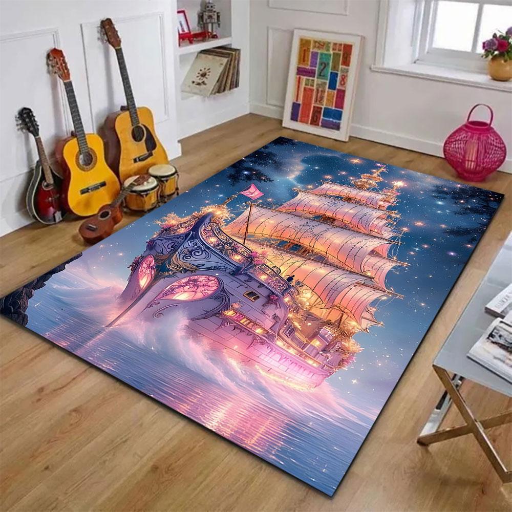 Fantasy Ship Sailing Through Stars Patterned carpet, suitable as a non slip play mat for the living room and bedroom sofa