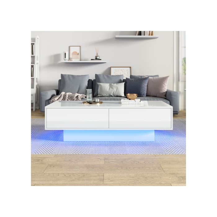 Table Basse - MUVOE - Moderne - 115 X 55 X 34 Cm - 2 Tiroirs - Éclairage LED Intégré