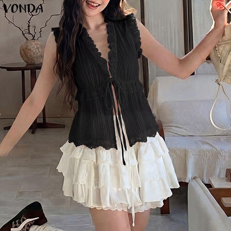 VONDA Women's V-Neck Sleeveless Lace Trim Front Bandage Ruffle Semi-Sheer Tank Tops Beach