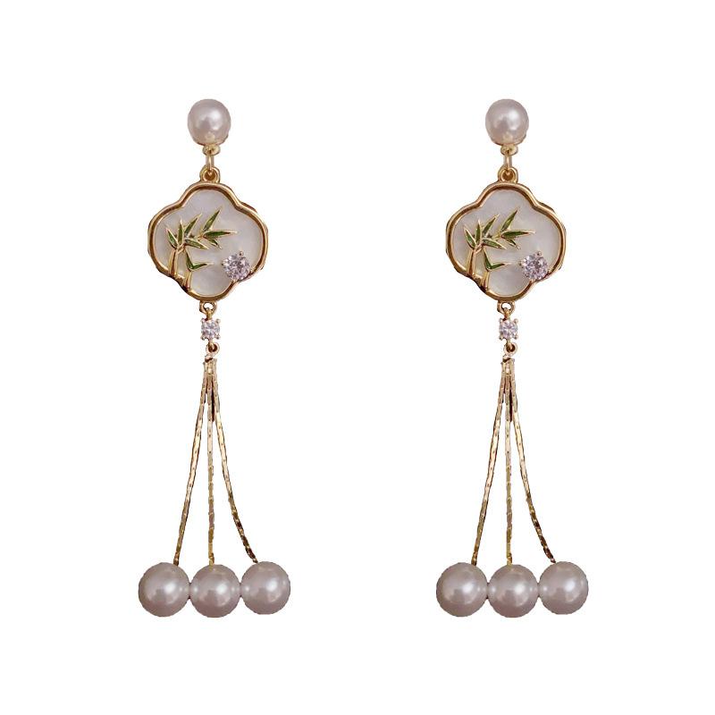 New Chinese Style Fashionable Retro Fan-shaped Bamboo Leaf Earrings 1 pair