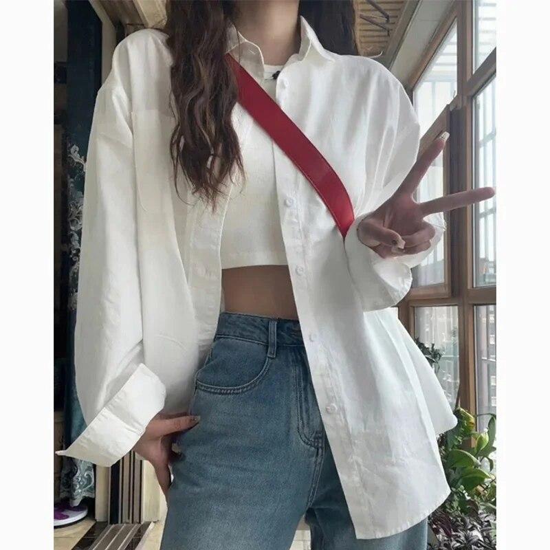 

Однобортная белая блузка, женские повседневные хлопковые свободные женские рубашки с лацканами, элегантные модные офисные женские блузки и топы 29949 L белый