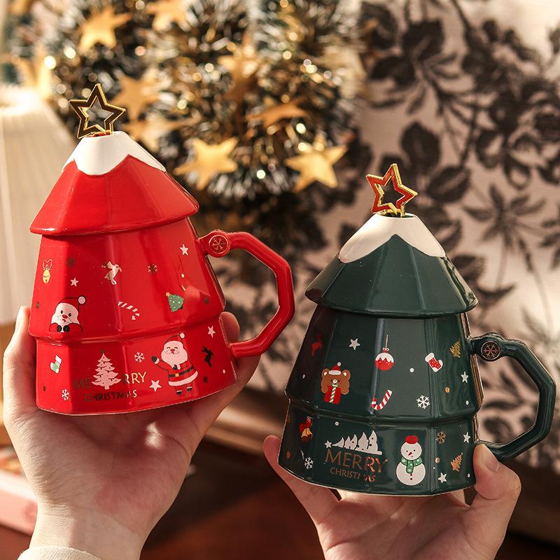 Kreative Weihnachtsbaum-Tasse Keramiktasse mit Deckel Mädchen Hochwertiges Weihnachtsgeschenk Büro-Kaffeetasse