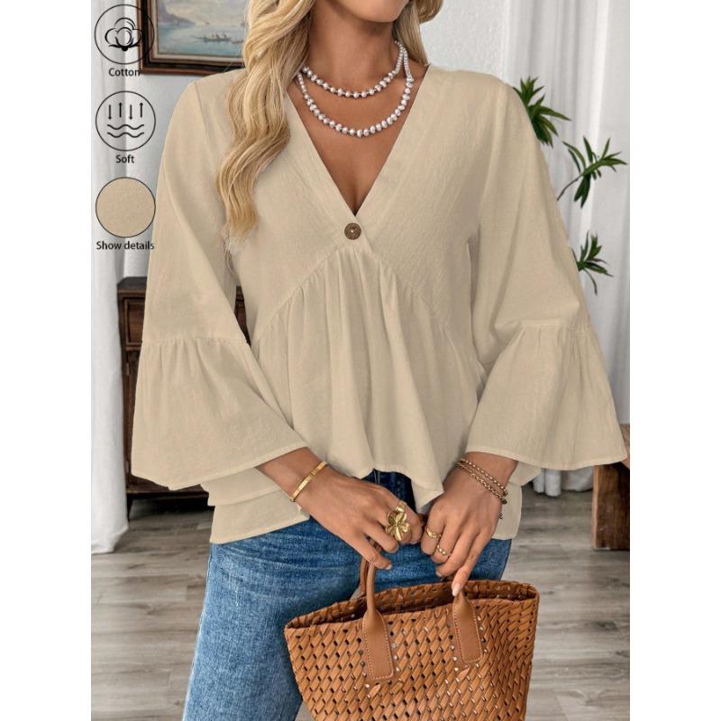 Spring Summer V-neck Elegant Loose Ruffled Women Blouse Half Sleeve Simple Casual Blouse Female New Solid Color Lotus Leaf Tops Office Sweet Clothing