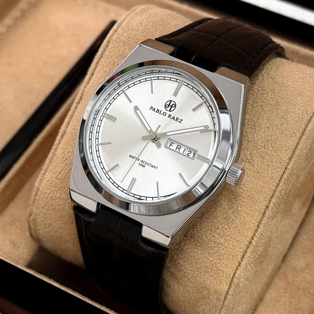 PABLO RAEZ Men's Dual Calendar Waterproof Quartz Watch with Leather Strap