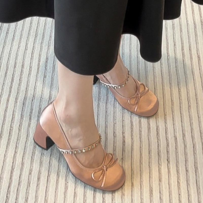 High Heels Women's Spring/Autumn New Butterfly Knot Water Diamond Strap Womens Shoes Round Head Mary Jane Single Shoes Women