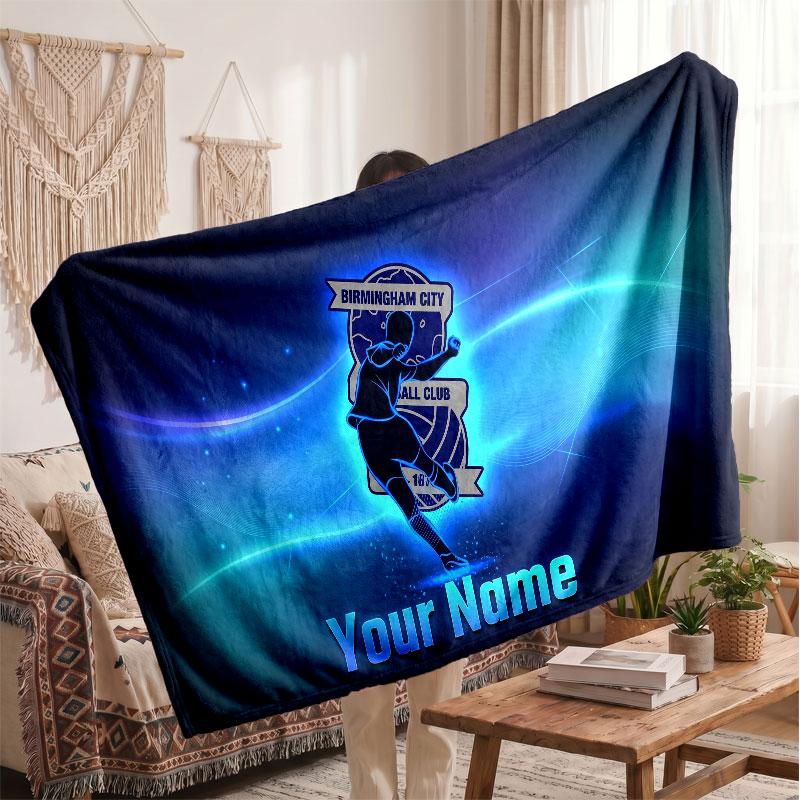 BIRMINGHAM CITY Gepersonaliseerd Fleece Dekentje Met Voetbal Logo, Aangepaste Naam Tekst Zacht Warm Huis Plaid