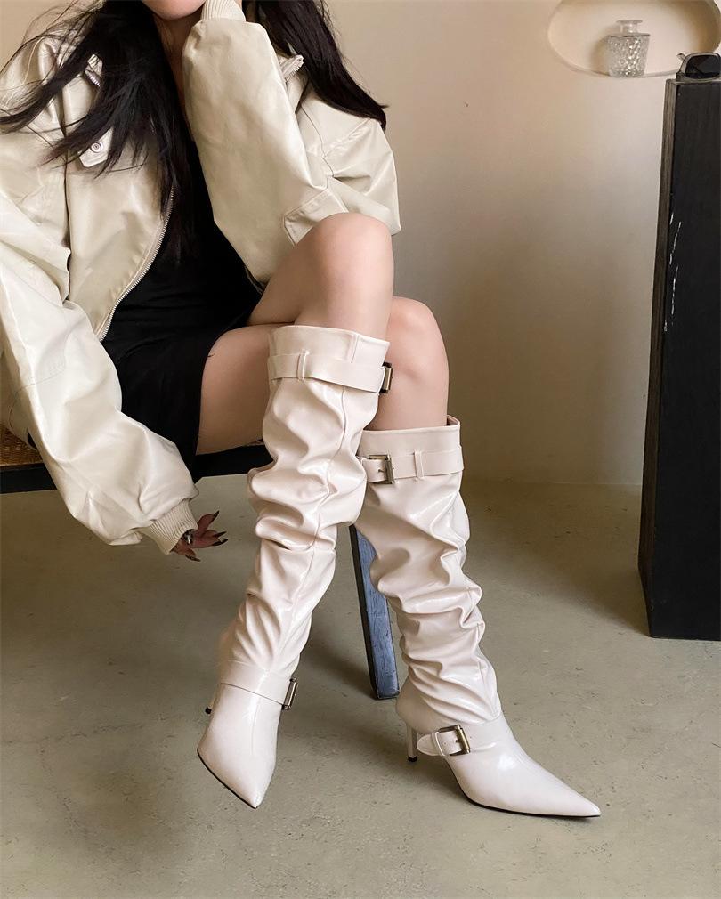Spice Girl Style European and American Pointed White Pile Boots High Heel Boots Women's 2025 Autumn Belt Buckle High Heel Boots