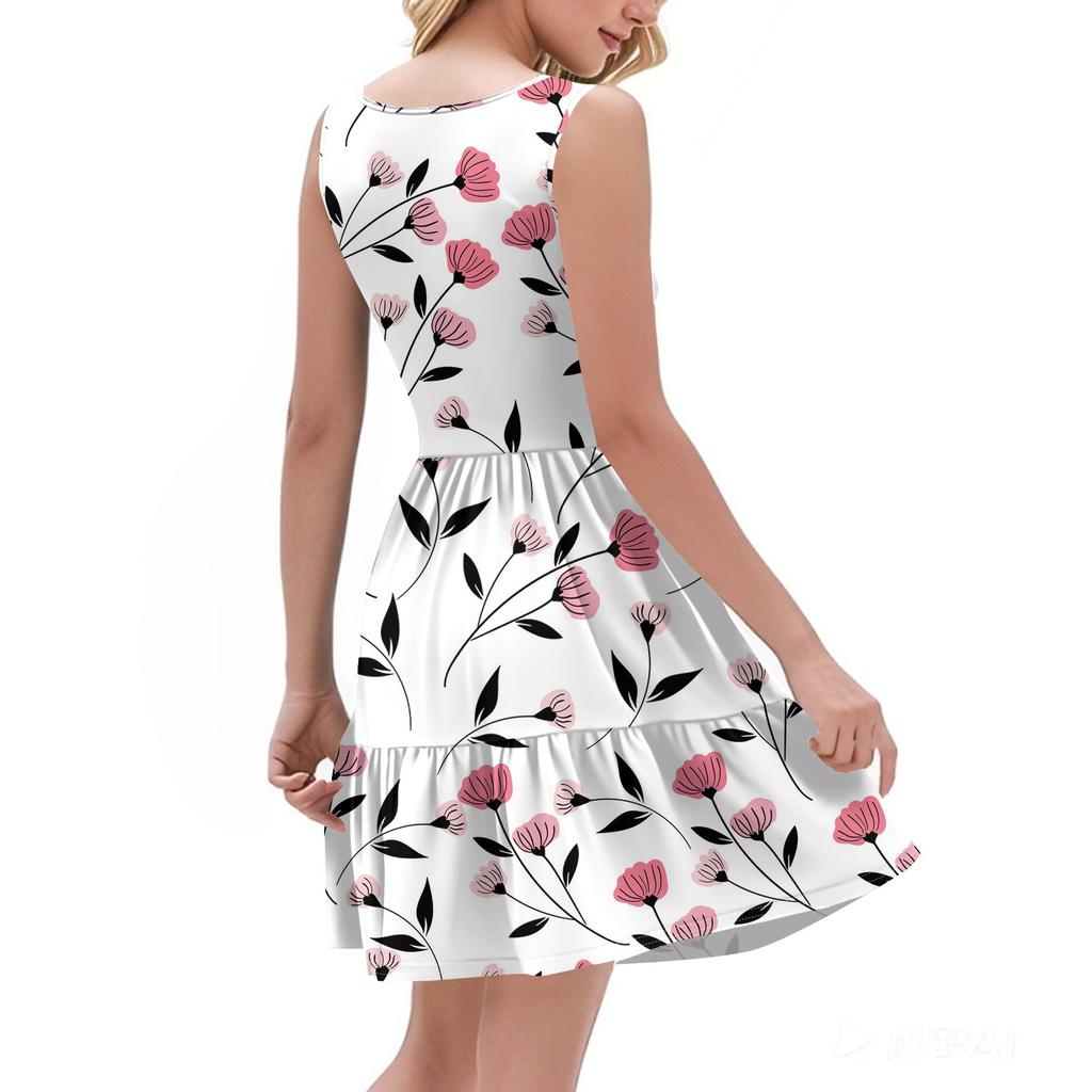 Damen Sommer Mode Lässig V-Ausschnitt Plissee Steppnaht Kleiner Blumendruck Ärmellos Westenkleid Mit Taschen