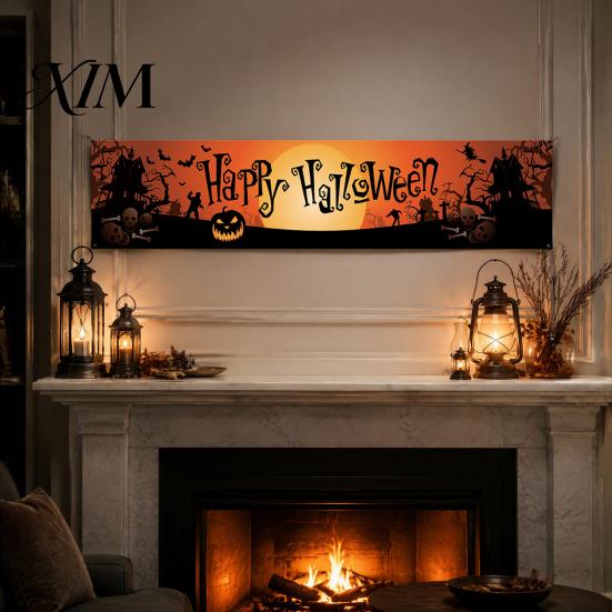 Decorative Scene Setup Large Happy Halloween Banner for Outside, 70 x 15 Inch Yard Sign Front Porch Decor Flag, Spooky Welcome Garden Fence Home Party