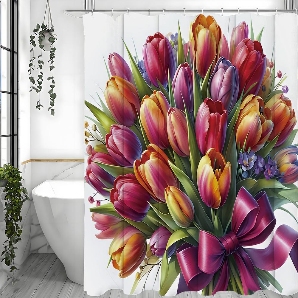 Tulip Bouquet Shower Curtain, Bathroom Decorative Shower Curtain, Waterproof Shower Curtain with Hooks