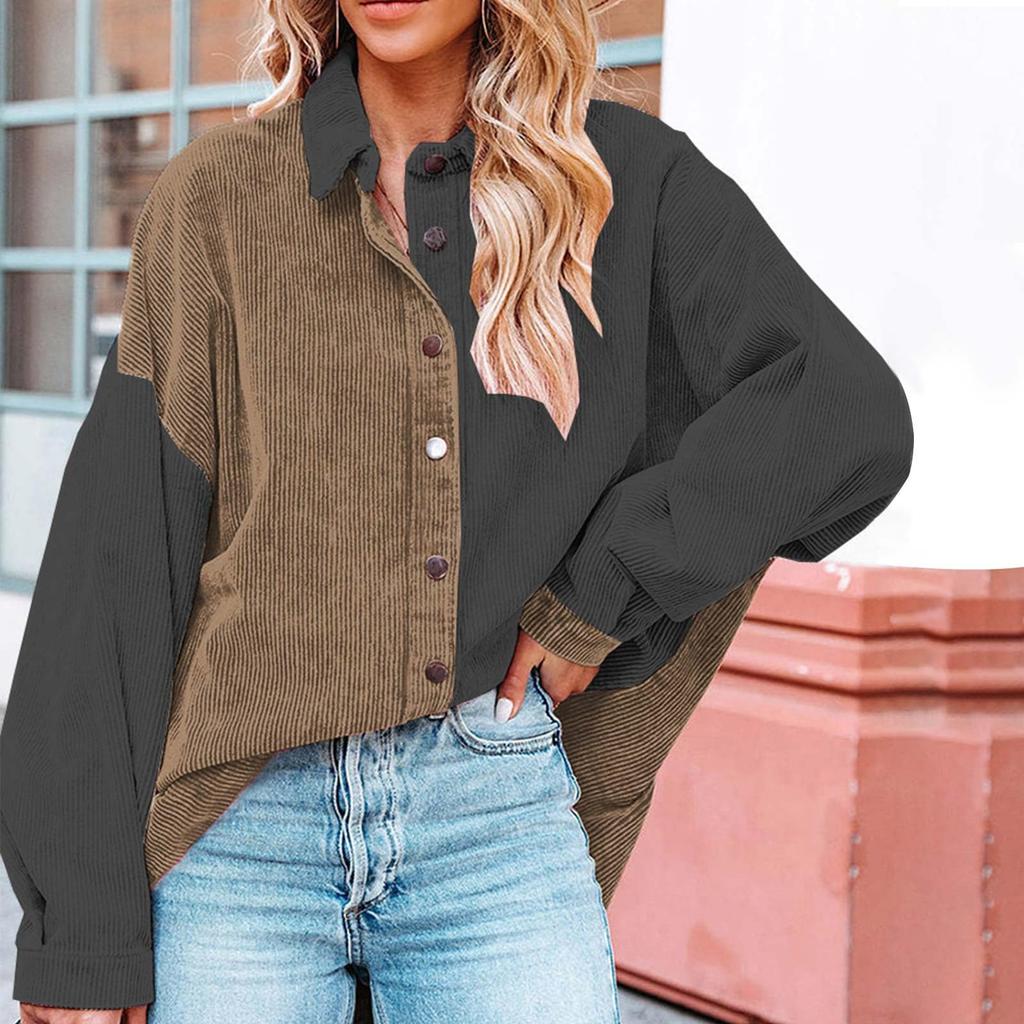 Women's Color Blocked Button Down Corduroy Shirt Long Sleeved Corduroy Jacket