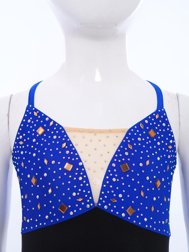 Cross Back Spaghetti Straps Girls Dance Dress Color Block Sparkly Rhinestones for Figure Skating