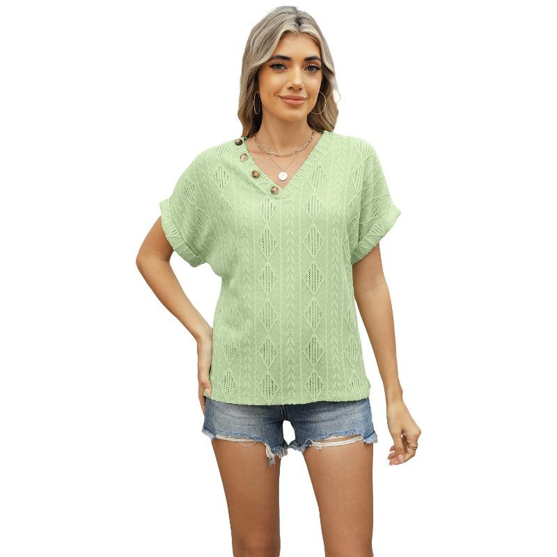 

New V-neck Jacquard Summer Loose Lace Blouse Women Button Short Sleeve T-shirt Elegant Fashion Hollow Out Top Solid Color Casual Simple Office T Shirt XXL