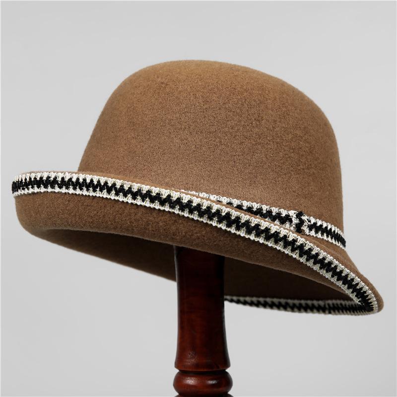 

Ретро контрастная тесьма перевернутая цилиндр, элегантная теплая шерстяная вязаная шляпа-панама рыбака на осень и зиму M（56-58cm） верблюд
