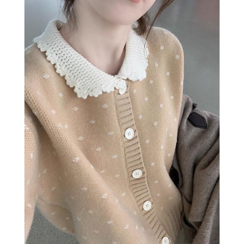 

Sweet age-reducing doll collar short sweater jacket women s autumn and winter new fashion jacquard contrasting color knitted cardigan average size жёлтый