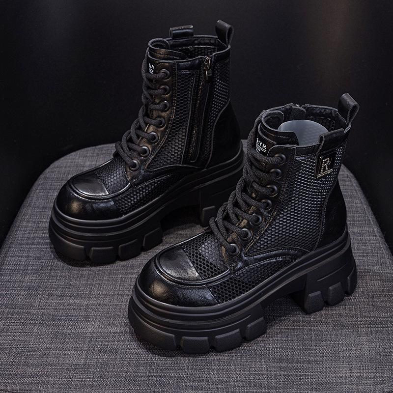 Women's Summer Hollow-Out Leather Boots: British-Style High-Platform Thick-Soled Cool Footwear, Mesh-Trimmed Women's Sandal-Boots