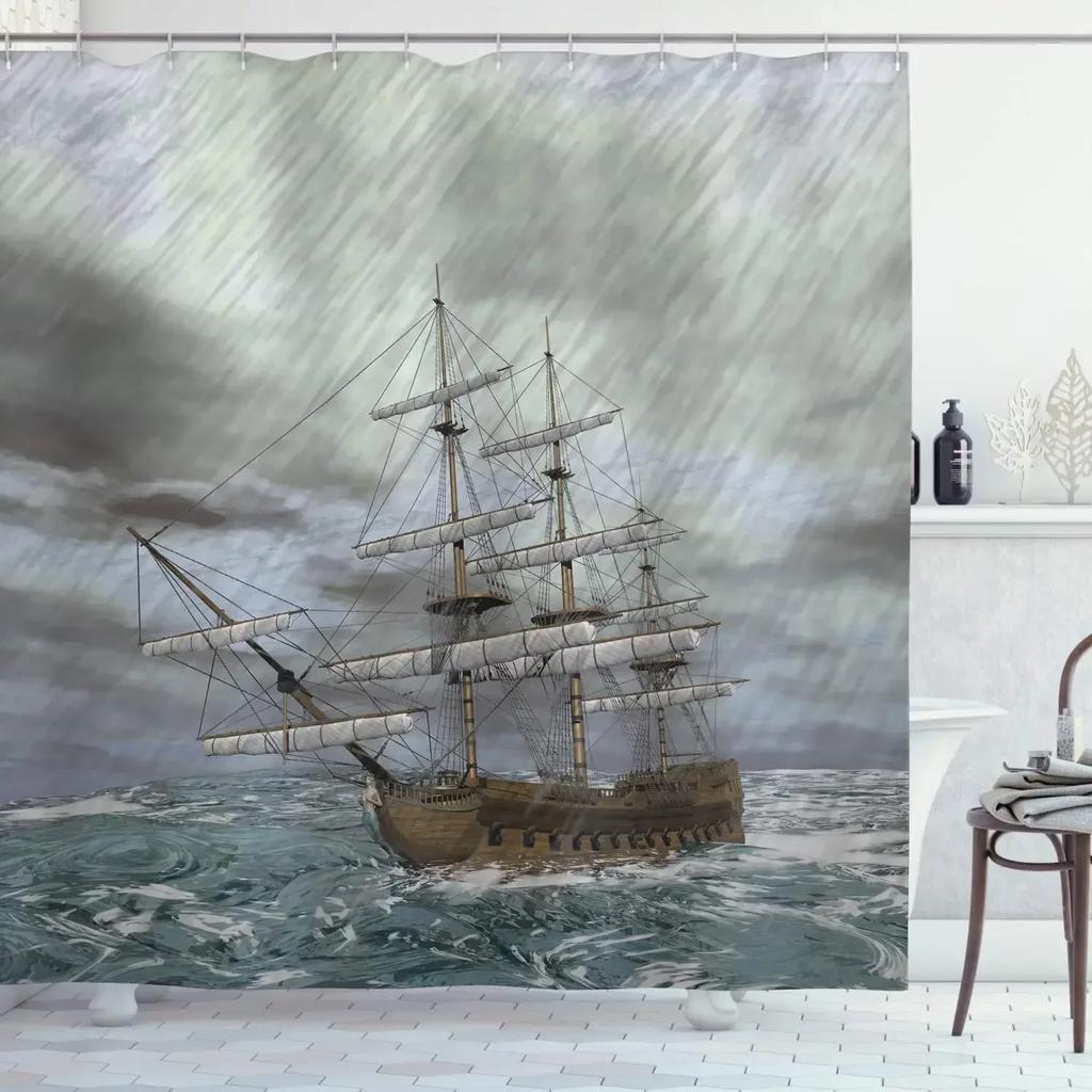 Norse Vikings Ship Shower Curtain Fantasy Boat Art Black and White Color Sailing Dragon Ship Curtain for Bathroom with Hooks