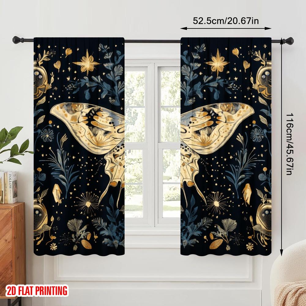 2pcs,2D plane printing Curtain Popular Moonlit Mothscape Durable Polyester (without rod) Decorations Inside Use for Bedroom &