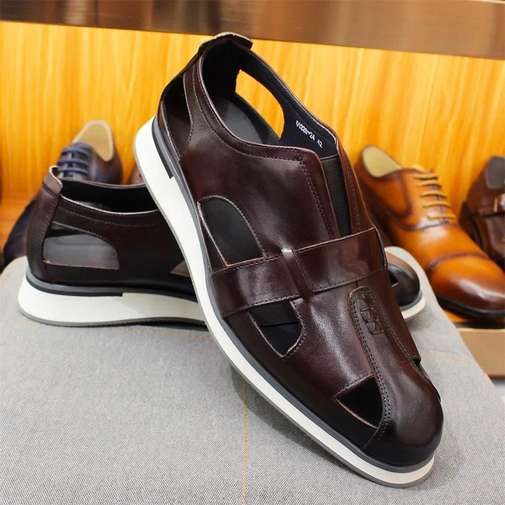 Fashion Men's Classic Arabic Style Genuine Leather Slip-On Sandals Casual Business Party Formal Hollow Flat Shoes