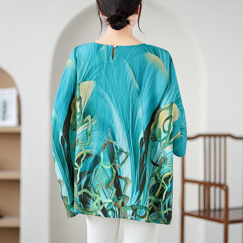 Ethnic Style Summer Blouse Cotton Ethnic Style Shirt Bat Sleeve Loose Large Round Neck T-shirt for Women